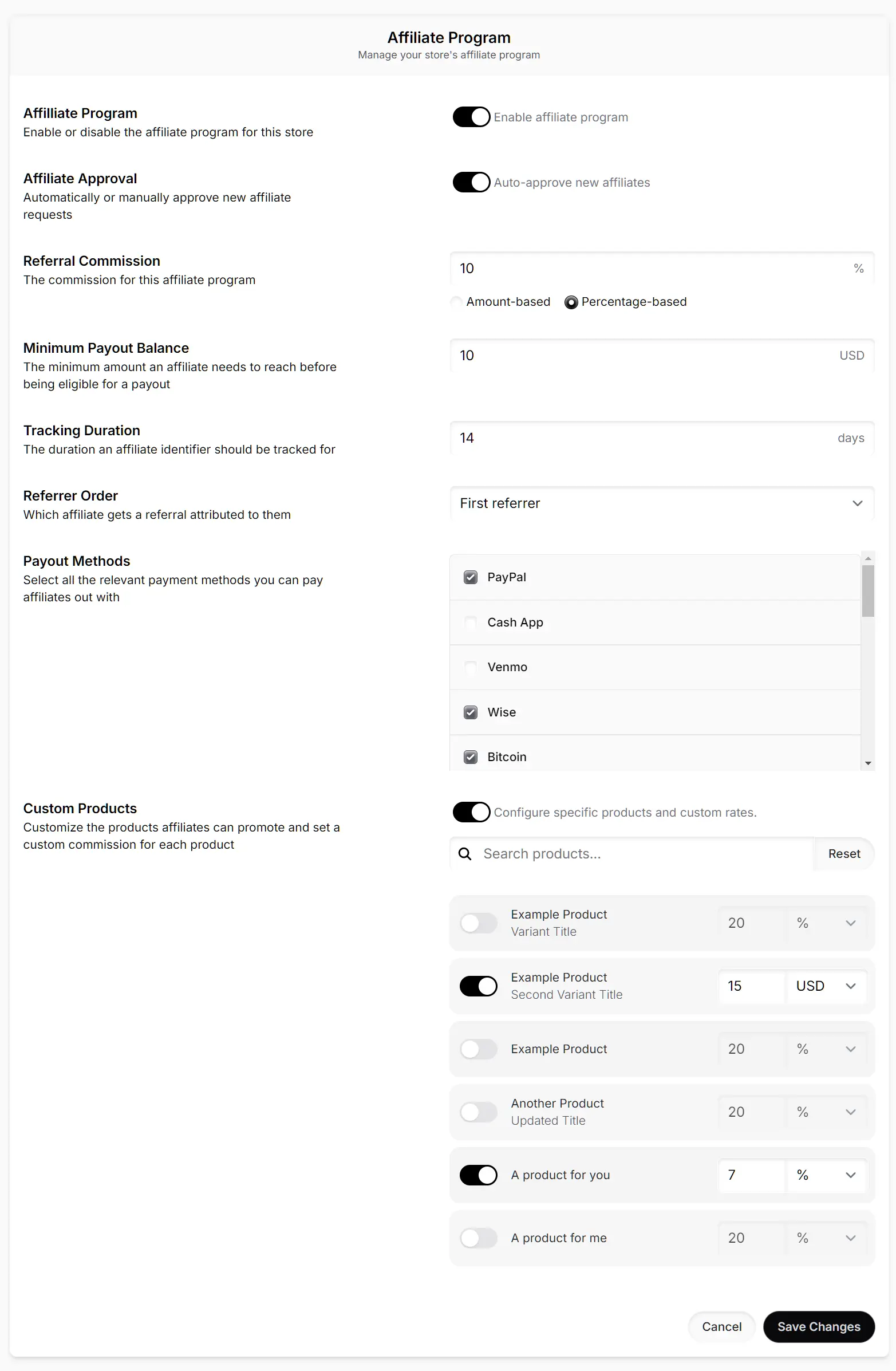 SellApp affiliate settings screen